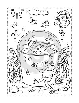Frogs playing in bucket full of water coloring page photo